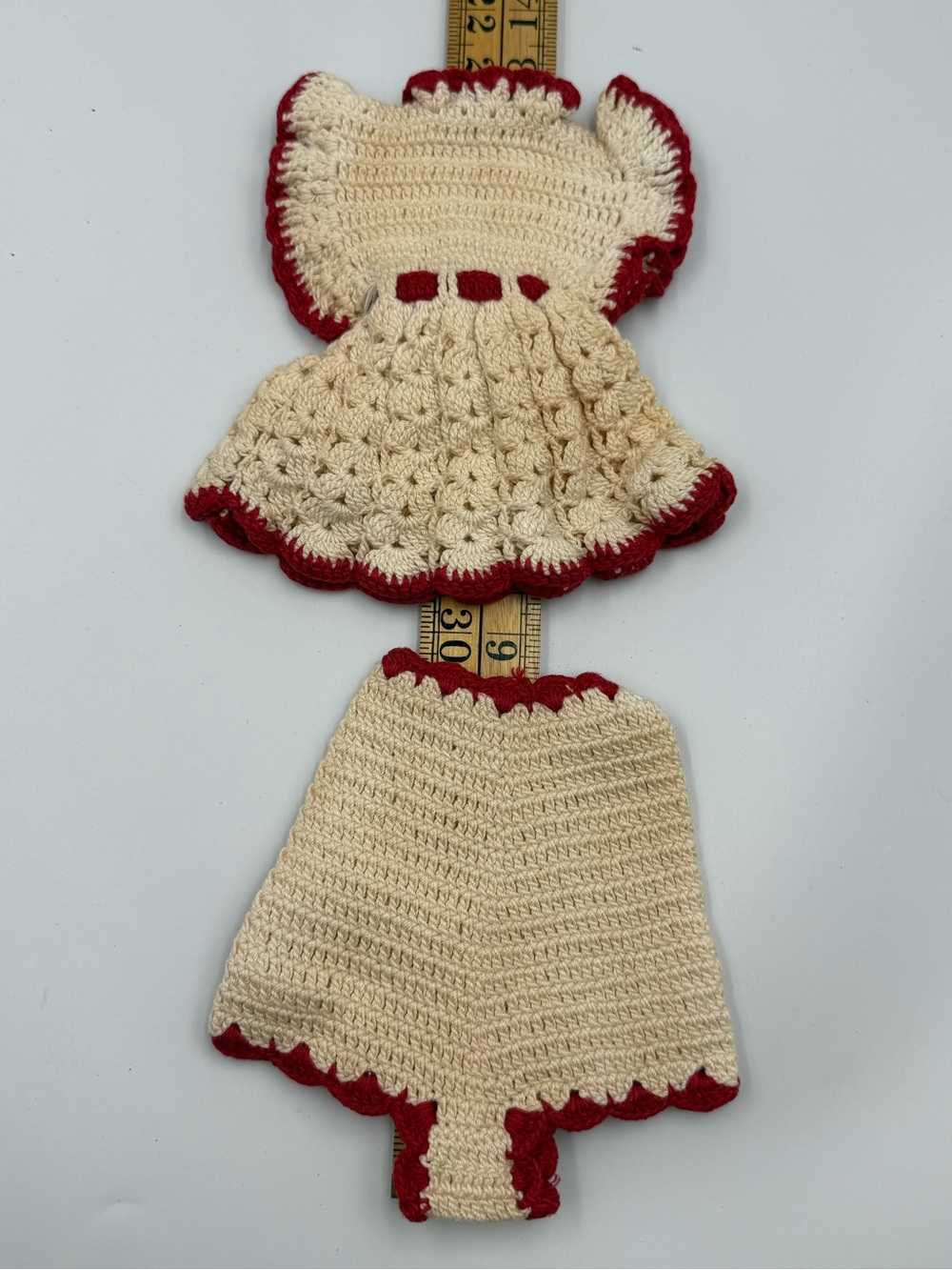 Handmade Crochet Two-Piece Kitchen Doll Dress Set - Cream + Red Trim